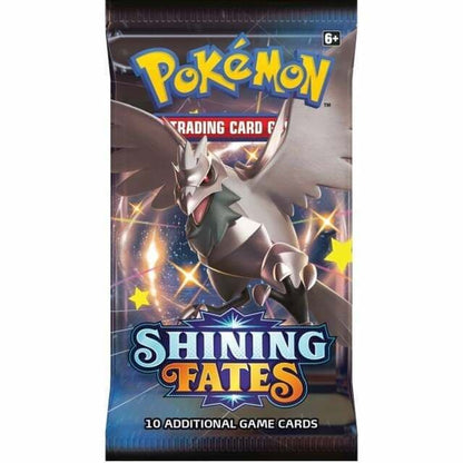 Pokémon Shining Fates booster pack, a sealed Pokémon TCG expansion pack, packaging shown in closer detail