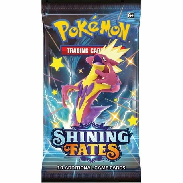 Pokémon Shining Fates booster pack, a sealed Pokémon TCG expansion pack, photographed in a further product view