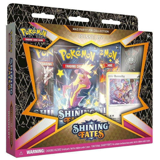 Pokémon Shining Fates Mad Party Pin Collection featuring Bunnelby, sealed Pokémon TCG pin set