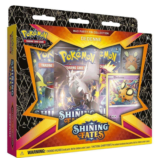 Pokémon TCG Shining Fates Mad Party Pin Collection featuring Dedenne, sealed box front