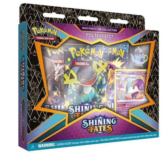 Pokémon TCG Shining Fates Mad Party Pin Collection featuring Polteageist with a collector pin