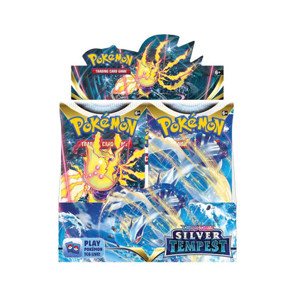 Pokémon Silver Tempest booster box shown from the reverse with product details