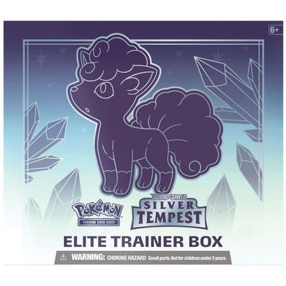 Rear of the Pokémon TCG Silver Tempest Elite Trainer Box showing the contents listing
