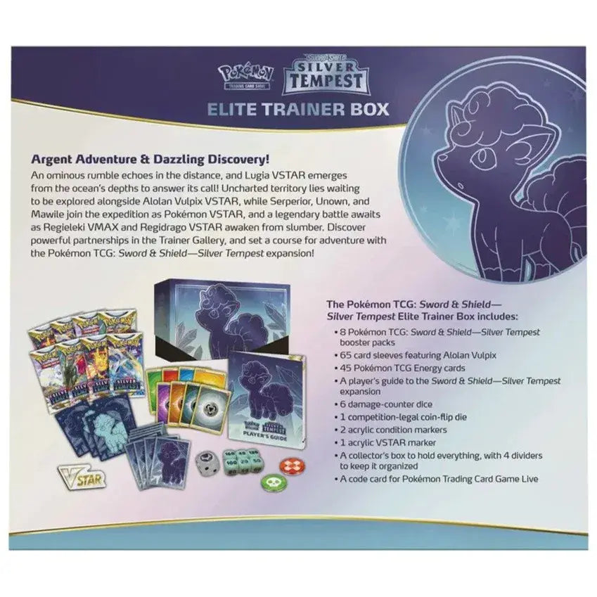 Contents of the Pokémon TCG Silver Tempest Elite Trainer Box laid out