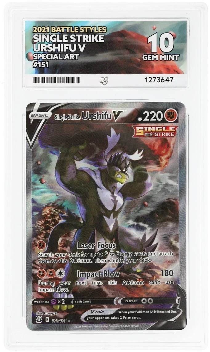 Single Strike Urshifu V 151/163 Special Art, 2021 Battle Styles, ACE 10 GEM MINT graded slab, front, cert 1273647