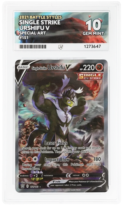 Single Strike Urshifu V 151/163 Special Art, 2021 Battle Styles, ACE 10 GEM MINT graded slab, front, cert 1273647