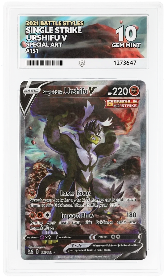 Single Strike Urshifu V 151/163 Special Art, 2021 Battle Styles, ACE 10 GEM MINT graded slab, front, cert 1273647