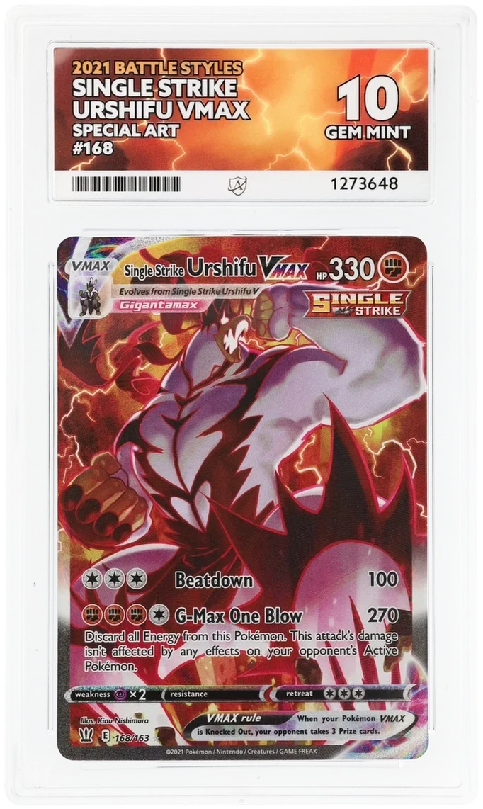 Single Strike Urshifu VMAX 168/163 Special Art, 2021 Battle Styles, ACE 10 GEM MINT graded slab, front, cert 1273648