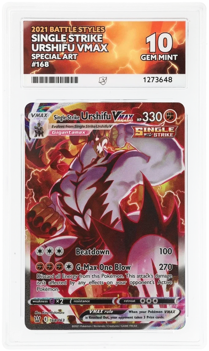 Single Strike Urshifu VMAX 168/163 Special Art, 2021 Battle Styles, ACE 10 GEM MINT graded slab, front, cert 1273648