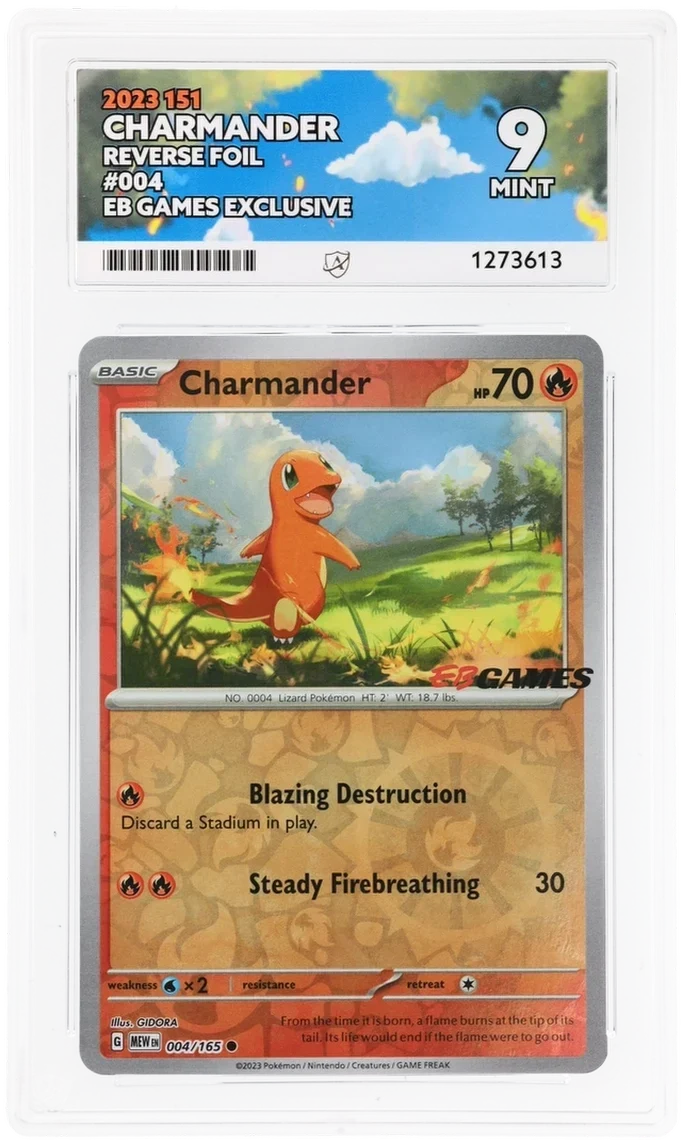 Charmander 004/165 EB Games Stamped Promo, Pokémon 151, ACE 9 Mint graded slab, front, cert 1273613