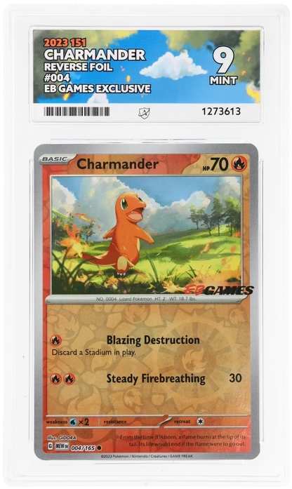 Charmander 004/165 EB Games Stamped Promo, Pokémon 151, ACE 9 Mint graded slab, front, cert 1273613