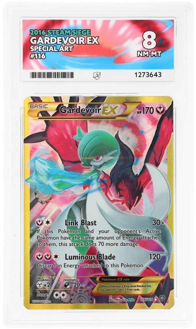 Gardevoir EX 116/114 Secret Rare, XY Steam Siege, ACE 8 NM-MT graded slab, front, cert 1273643