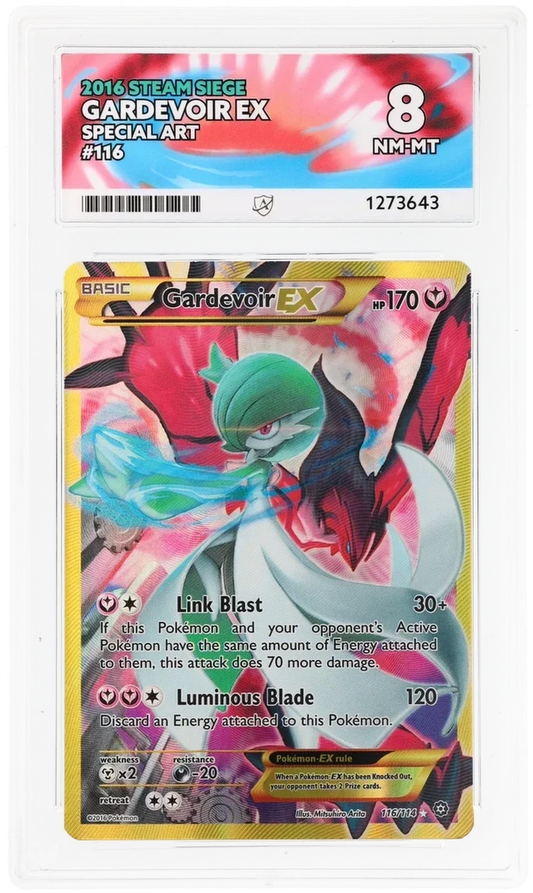 Gardevoir EX 116/114 Secret Rare, XY Steam Siege, ACE 8 NM-MT graded slab, front, cert 1273643