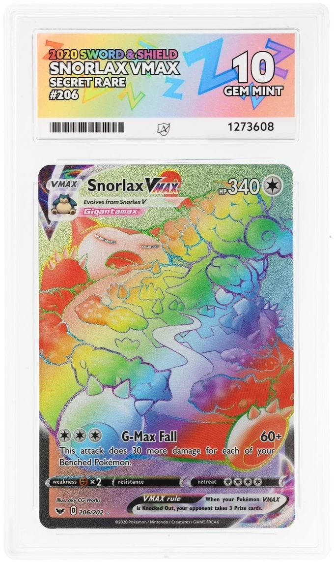 Snorlax VMAX 206/202 Secret Rare, Sword & Shield, ACE 10 Gem Mint graded slab, front, cert 1273608