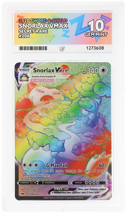 Snorlax VMAX 206/202 Secret Rare, Sword & Shield, ACE 10 Gem Mint graded slab, front, cert 1273608