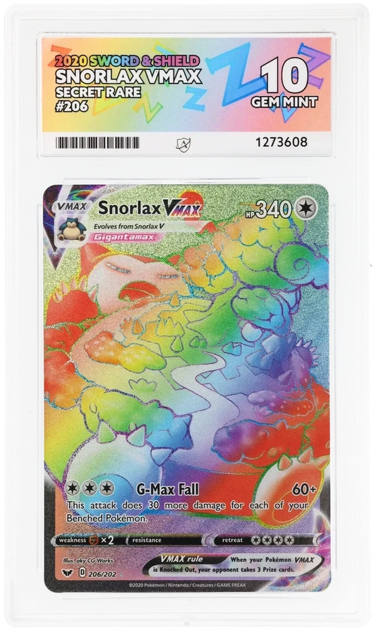 Snorlax VMAX 206/202 Secret Rare, Sword & Shield, ACE 10 Gem Mint graded slab, front, cert 1273608