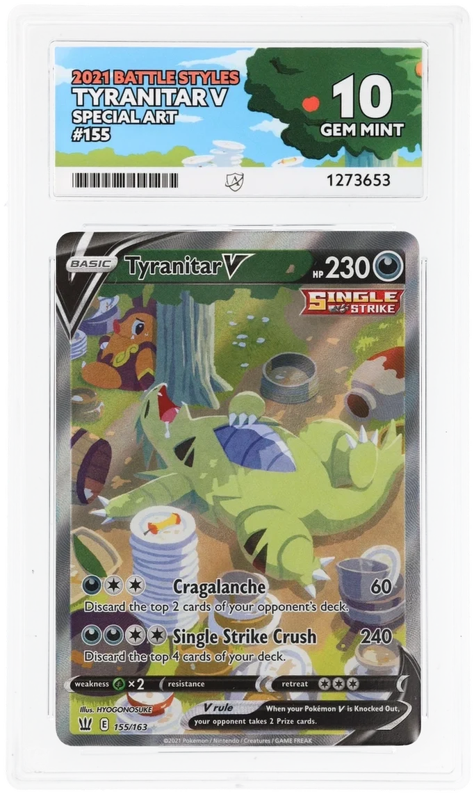 Tyranitar V 155/163 Special Art, Battle Styles, ACE 10 Gem Mint graded slab, front, cert 1273653
