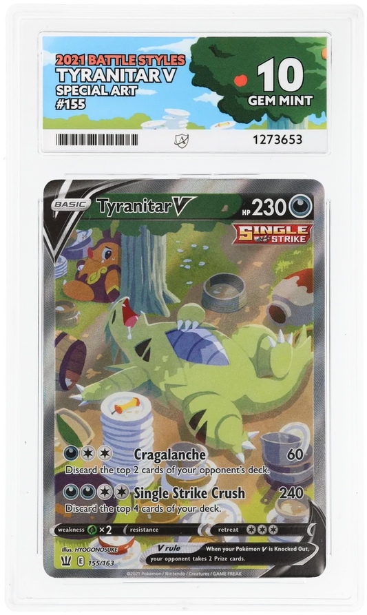 Tyranitar V 155/163 Special Art, Battle Styles, ACE 10 Gem Mint graded slab, front, cert 1273653