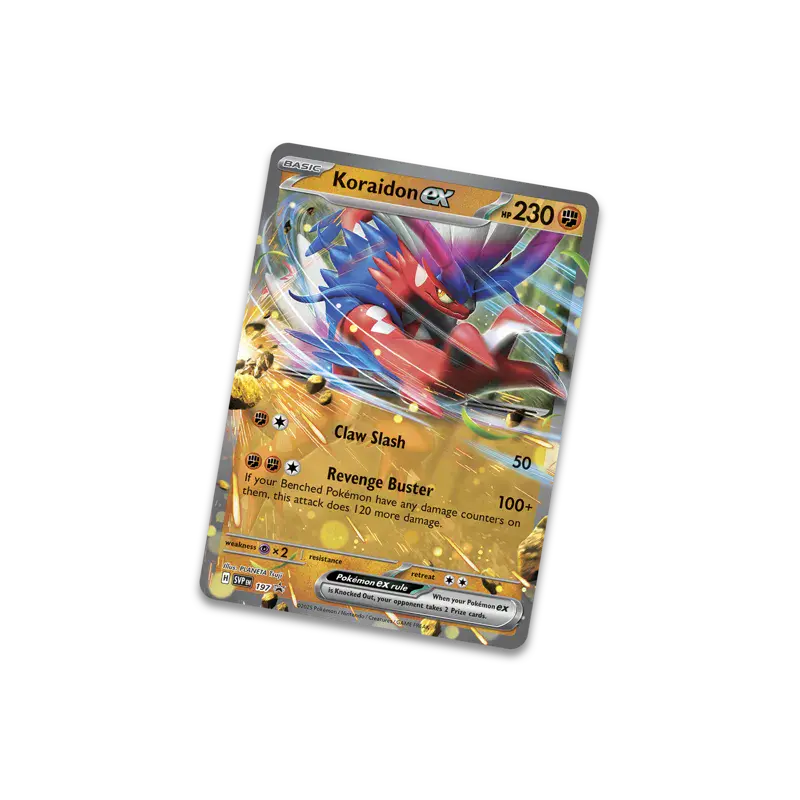 Back of the Pokémon Slashing Legends Koraidon ex tin showing product details