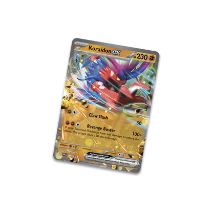 Back of the Pokémon Slashing Legends Koraidon ex tin showing product details