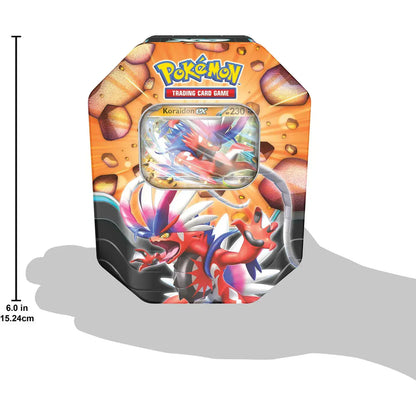 Pokémon Slashing Legends Koraidon ex tin shown from a further angle