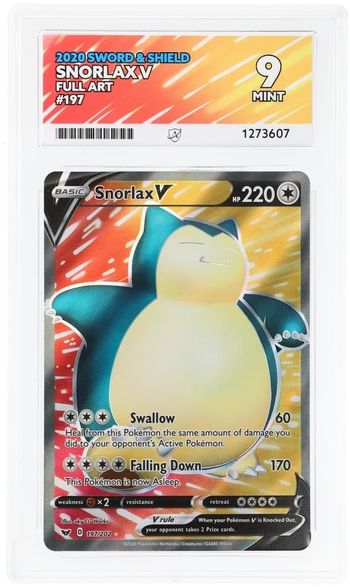 Snorlax V 197/202 Full Art, 2020 Sword & Shield, ACE 9 MINT graded slab, front, cert 1273607