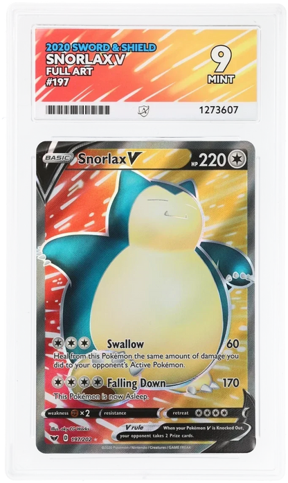 Snorlax V 197/202 Full Art, 2020 Sword & Shield, ACE 9 MINT graded slab, front, cert 1273607