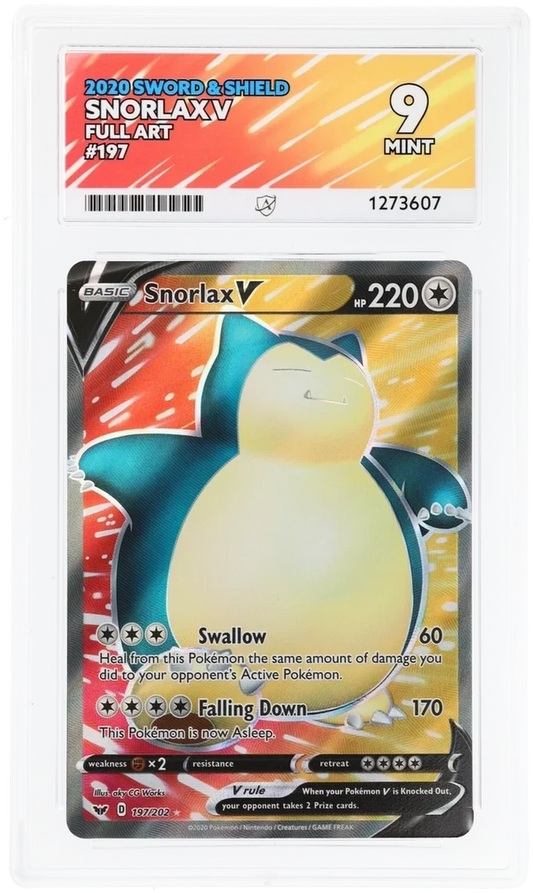 Snorlax V 197/202 Full Art, 2020 Sword & Shield, ACE 9 MINT graded slab, front, cert 1273607