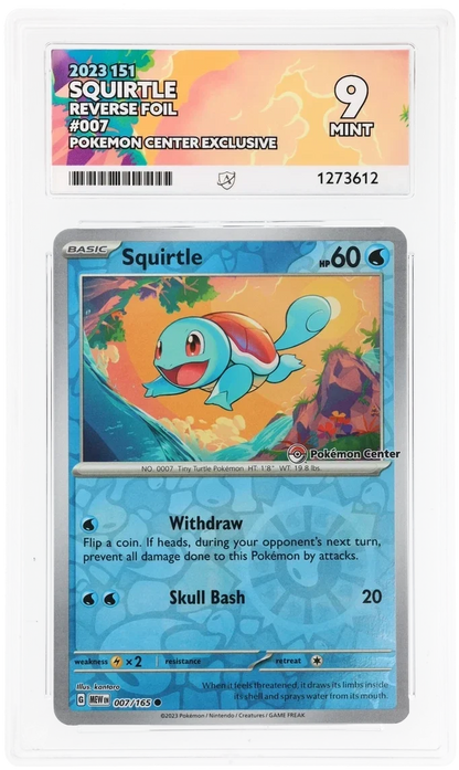 Squirtle 007/165 Reverse Foil, 2023 151, ACE 9 MINT graded slab, front, cert 1273612