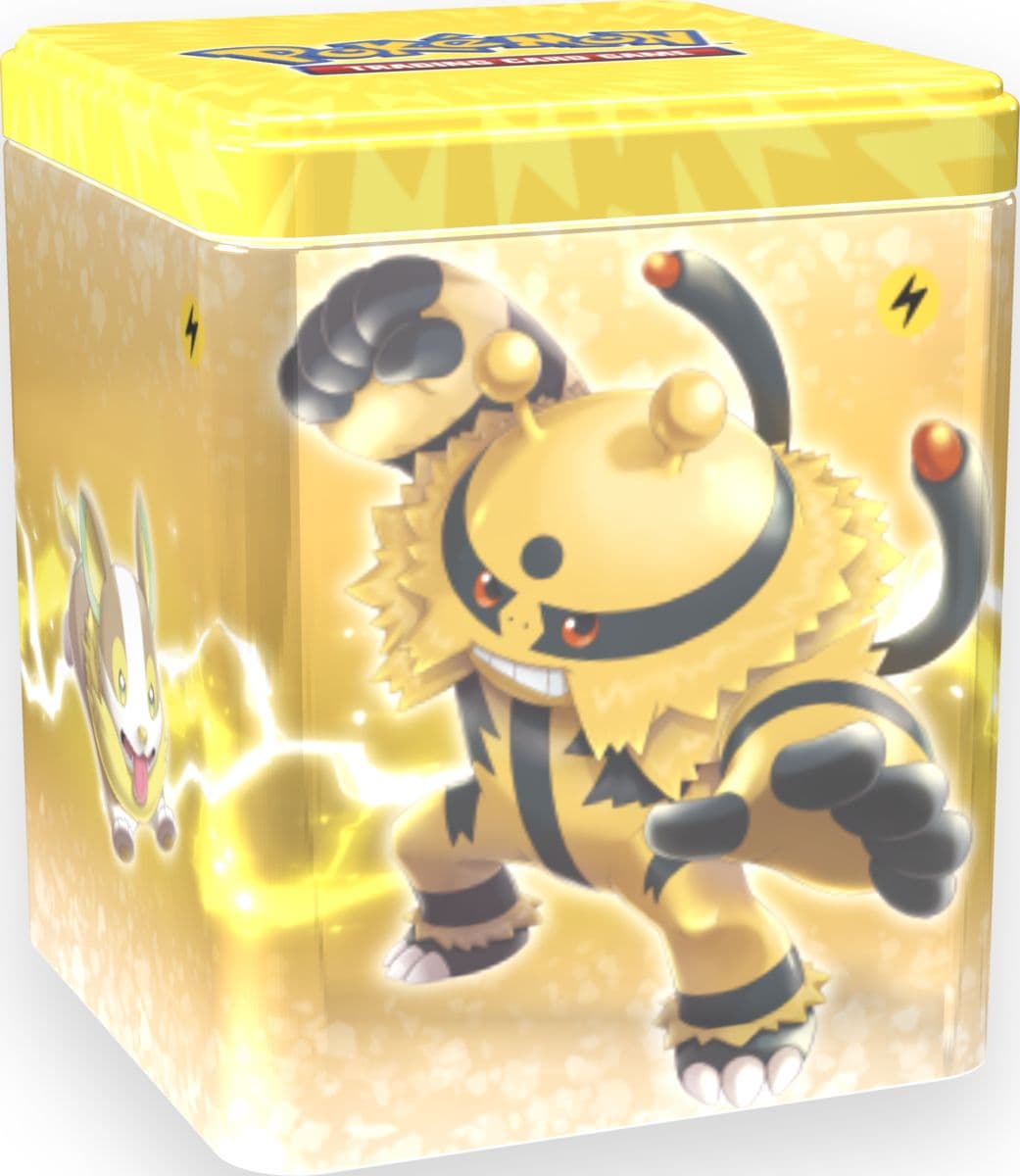 Pokémon TCG stacking tin shown from a second angle with its printed artwork
