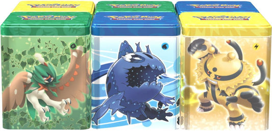 Complete set of three Pokémon TCG stacking tins shown together