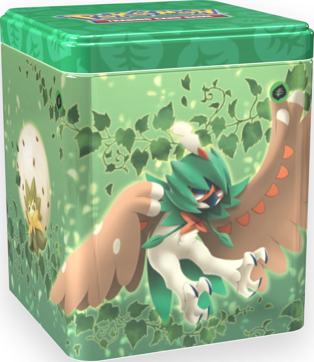 Pokémon TCG stacking tin shown front-on with its lid closed and packaging sealed