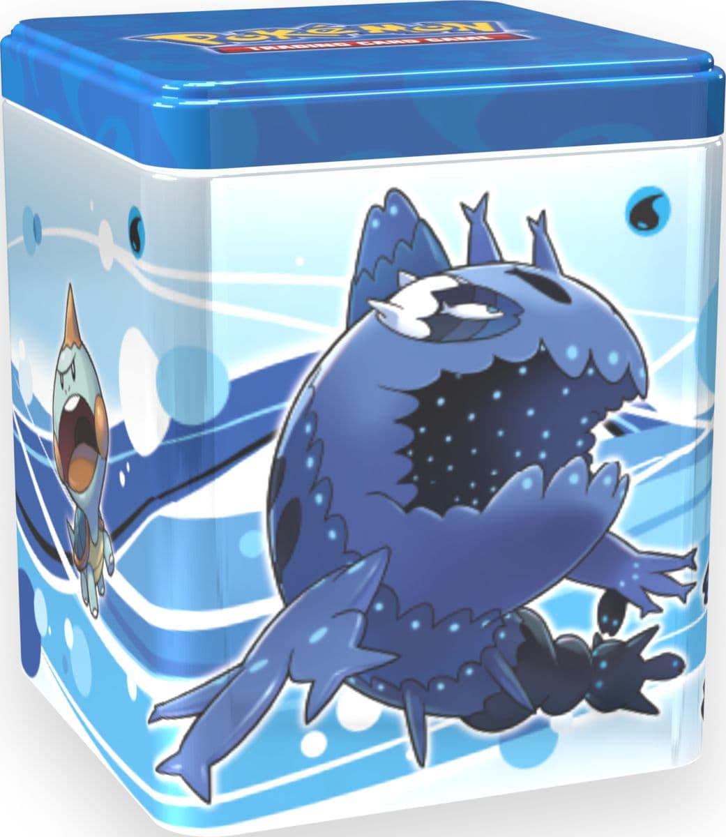 Pokémon TCG Water type stacking tin shown front-on in its sealed packaging