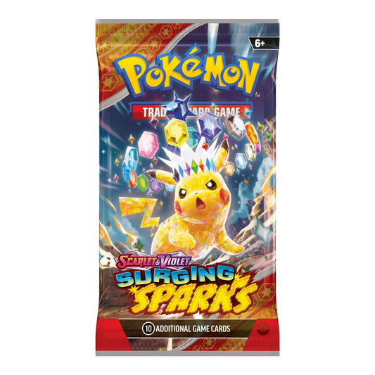 Surging Sparks booster pack with Pikachu on the wrapper, English, sealed