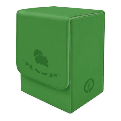 Green Bulbasaur-themed Pokémon TCG card storage box with magnetic flap and leaf emblem