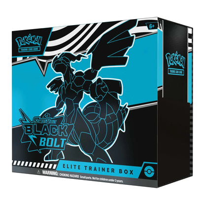 Pokémon TCG Black Bolt Elite Trainer Box featuring Zekrom, sealed Pokémon ETB, shown from another side