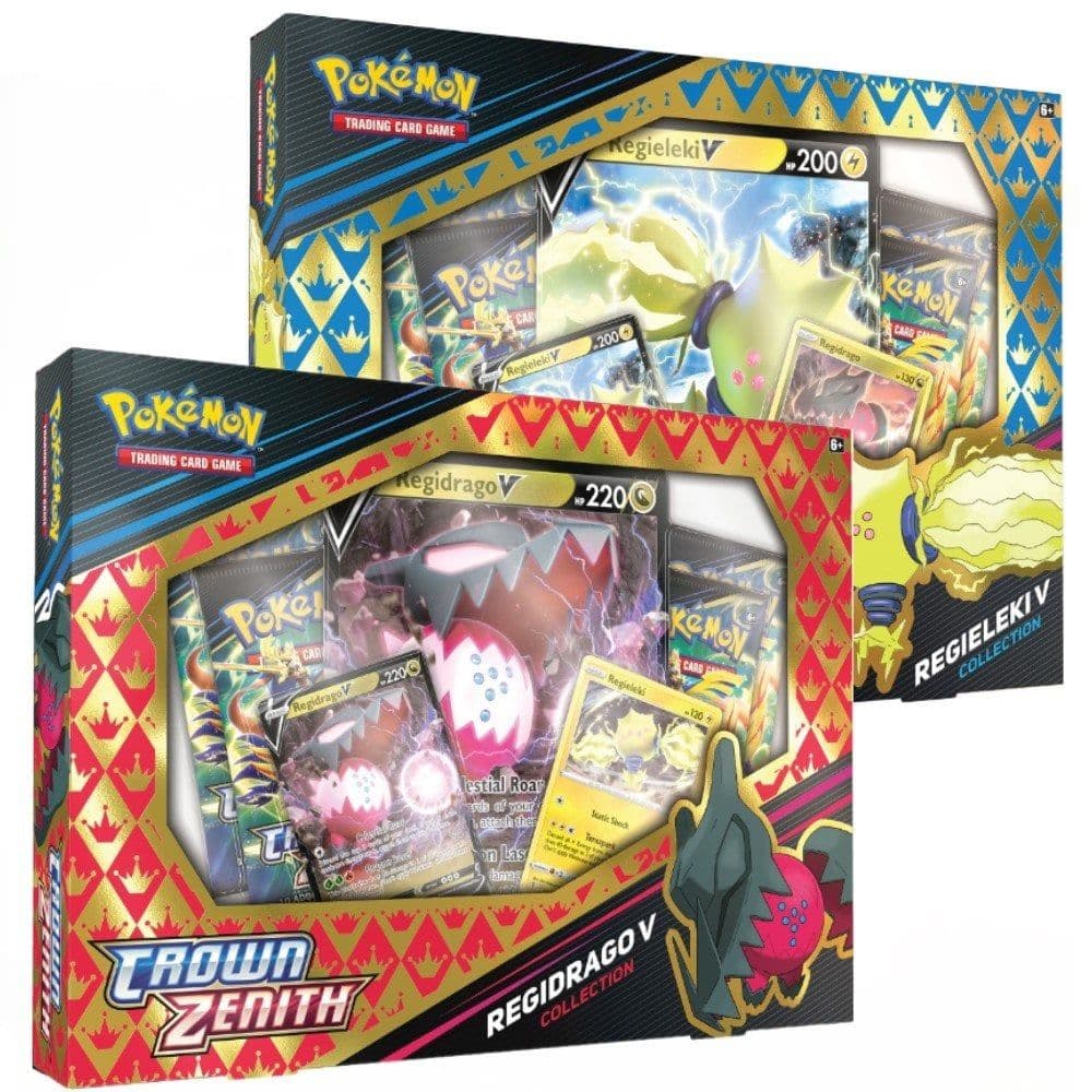 Pokémon TCG Crown Zenith Regidrago and Regieleki V Collection Box shown front-on