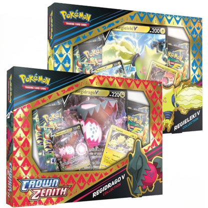 Pokémon TCG Crown Zenith Regidrago and Regieleki V Collection Box shown front-on