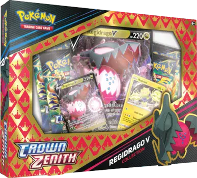 Pokémon TCG Crown Zenith Regidrago V Collection Box design shown front-on