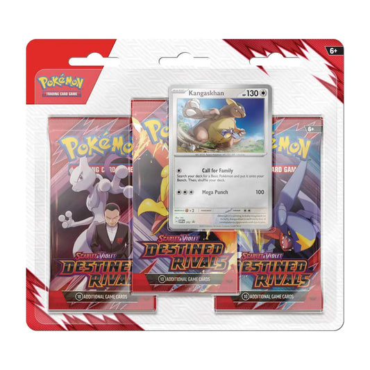 Pokémon TCG Scarlet & Violet Destined Rivals three-pack blister with Kangaskhan artwork, shown front-on