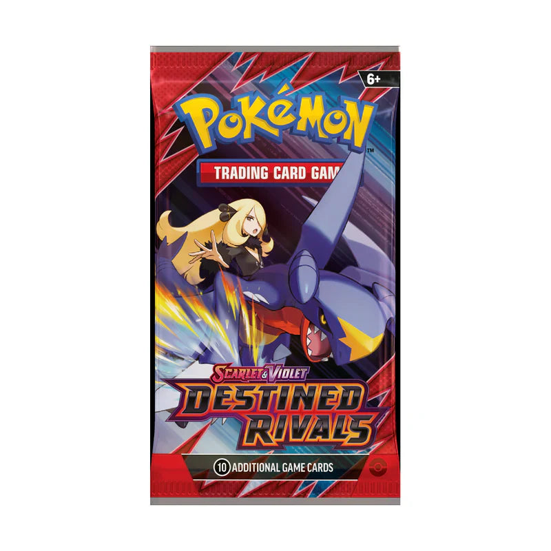 Pokémon TCG Destined Rivals booster pack with Cynthia's Garchomp wrapper artwork