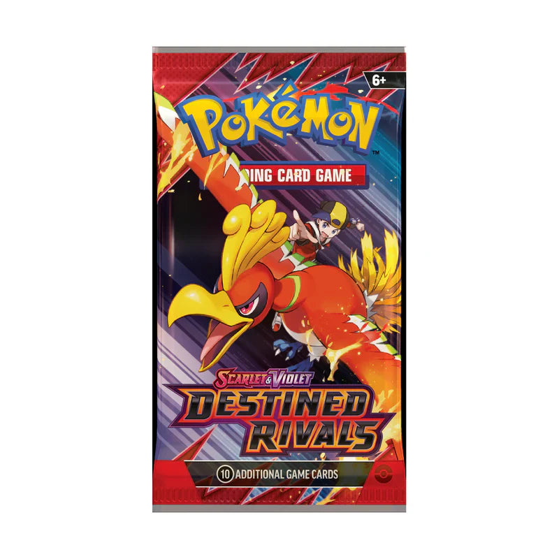 Pokémon TCG Destined Rivals booster pack with Ethan's Ho-Oh wrapper artwork