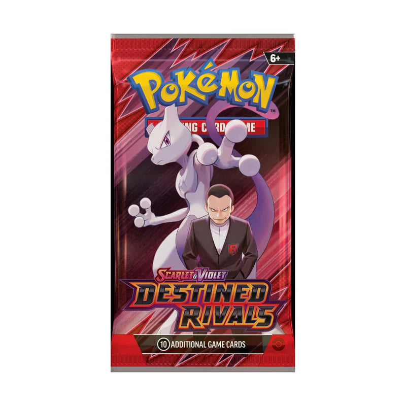Pokémon TCG Destined Rivals booster pack with Giovanni's Mewtwo wrapper artwork