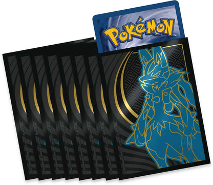Contents of the Pokémon TCG Mega Evolution Lucario Elite Trainer Box laid out for display