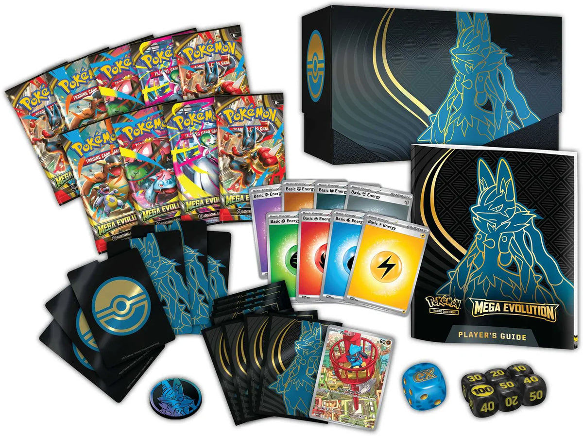Pokémon TCG Mega Evolution Lucario Elite Trainer Box shown from a side angle