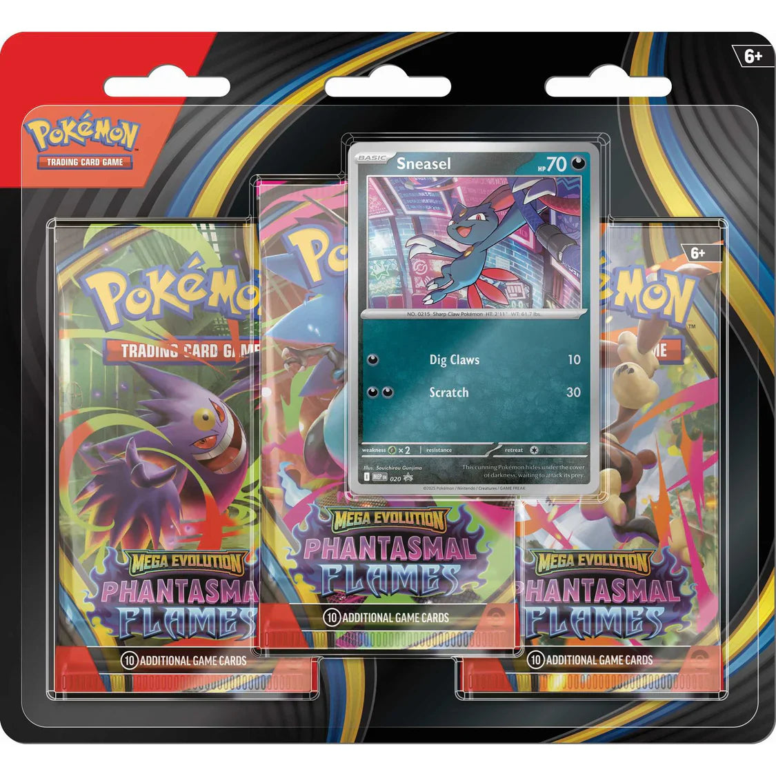 Pokémon TCG Mega Evolution Phantasmal Flames three pack CDU shown from an alternate angle