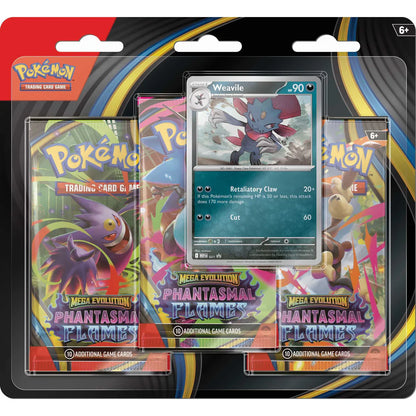Pokémon TCG Mega Evolution Phantasmal Flames three pack CDU close-up packaging detail