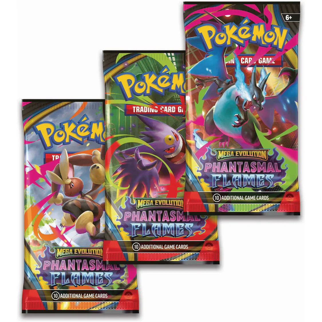Pokémon TCG Mega Evolution Phantasmal Flames three pack CDU shown front-on
