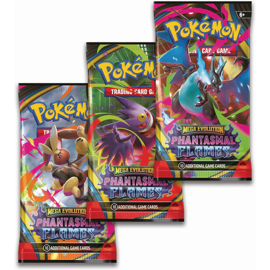 Pokémon TCG Mega Evolution Phantasmal Flames three pack CDU shown front-on