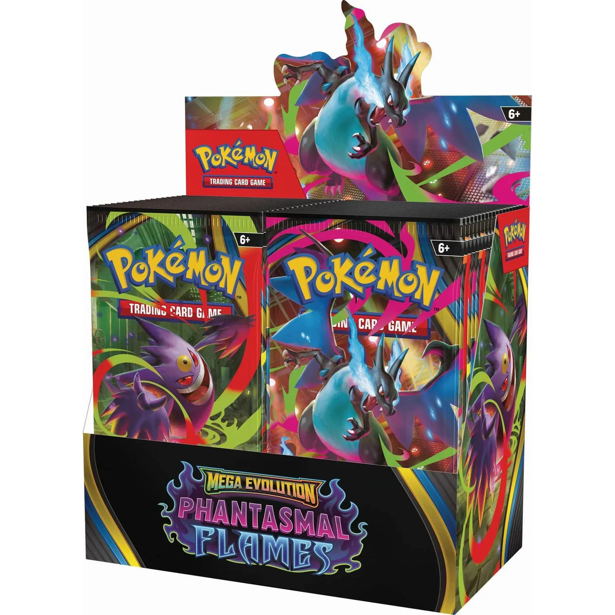 Packaging detail from the Pokémon TCG Mega Evolution Phantasmal Flames Booster Display